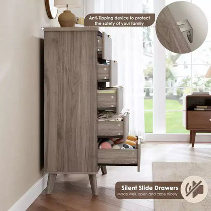 Commode 5 tiroirs pour chambre à coucher, commode haute de 120 cm avec profil incurvé, tiroirs en bois cannelé avec poignée dorée, commode moderne