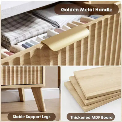 Commode 5 tiroirs pour chambre à coucher, commode haute de 120 cm avec profil incurvé, tiroirs en bois cannelé avec poignée dorée, commode moderne