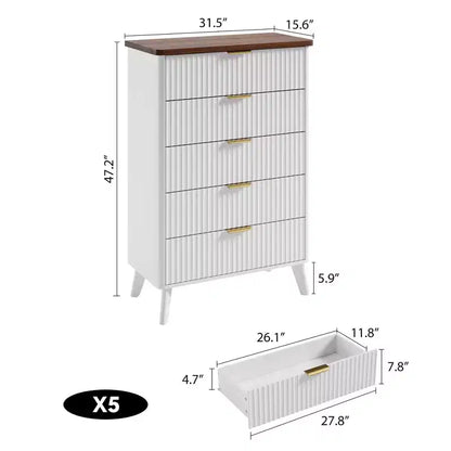 Commode 5 tiroirs pour chambre à coucher, commode haute de 120 cm avec profil incurvé, tiroirs en bois cannelé avec poignée dorée, commode moderne