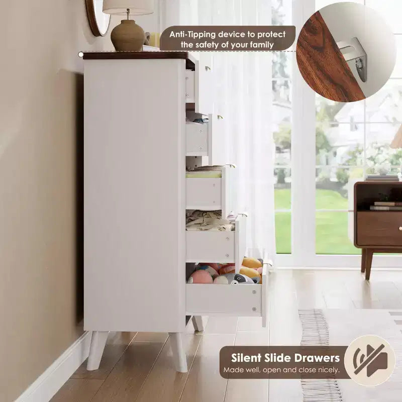 Commode 5 tiroirs pour chambre à coucher, commode haute de 120 cm avec profil incurvé, tiroirs en bois cannelé avec poignée dorée, commode moderne