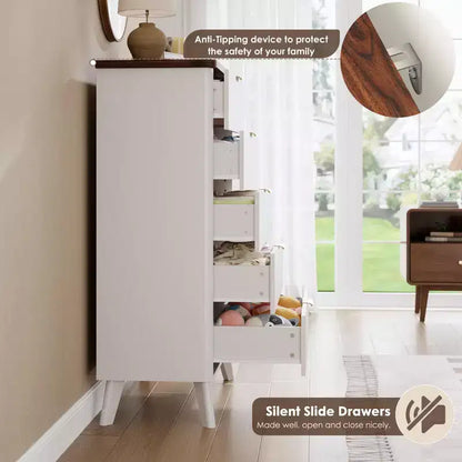 Commode 5 tiroirs pour chambre à coucher, commode haute de 120 cm avec profil incurvé, tiroirs en bois cannelé avec poignée dorée, commode moderne