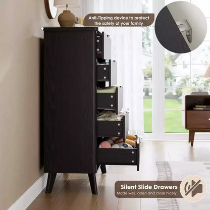 Commode 5 tiroirs pour chambre à coucher, commode haute de 120 cm avec profil incurvé, tiroirs en bois cannelé avec poignée dorée, commode moderne