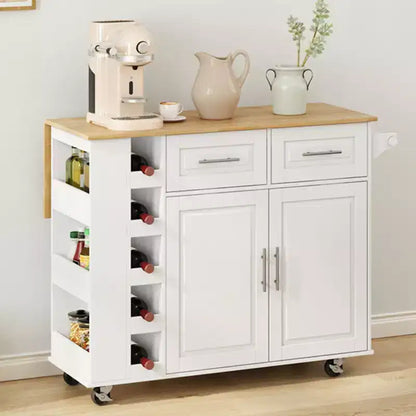 Okak Multi-Functional Kitchen Island with 2 Door Cabinet and 2 Drawers, Kitchen Cart with Spice Rack, Towel Holder and Foldable Wooden Top, White
