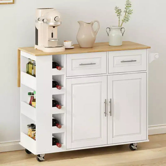 Okak Multi-Functional Kitchen Island with 2 Door Cabinet and 2 Drawers, Kitchen Cart with Spice Rack, Towel Holder and Foldable Wooden Top, White