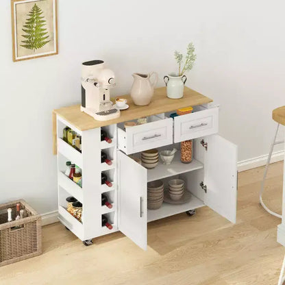Meuble îlot de cuisine multifonctionnel avec armoire à 2 portes et 2 tiroirs, chariot de cuisine avec porte-épices, porte-serviettes et plateau en bois pliable, blanc