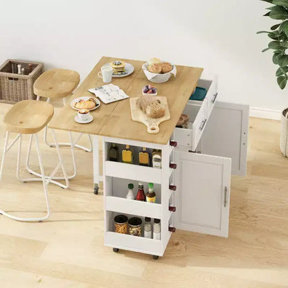 Meuble îlot de cuisine multifonctionnel avec armoire à 2 portes et 2 tiroirs, chariot de cuisine avec porte-épices, porte-serviettes et plateau en bois pliable, blanc