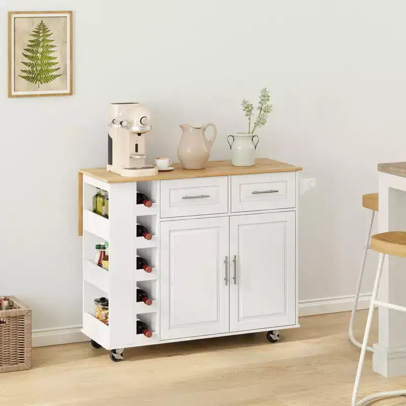 Meuble îlot de cuisine multifonctionnel avec armoire à 2 portes et 2 tiroirs, chariot de cuisine avec porte-épices, porte-serviettes et plateau en bois pliable, blanc
