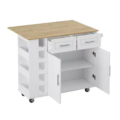 Meuble îlot de cuisine multifonctionnel avec armoire à 2 portes et 2 tiroirs, chariot de cuisine avec porte-épices, porte-serviettes et plateau en bois pliable, blanc