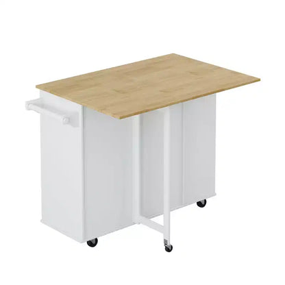 Meuble îlot de cuisine multifonctionnel avec armoire à 2 portes et 2 tiroirs, chariot de cuisine avec porte-épices, porte-serviettes et plateau en bois pliable, blanc