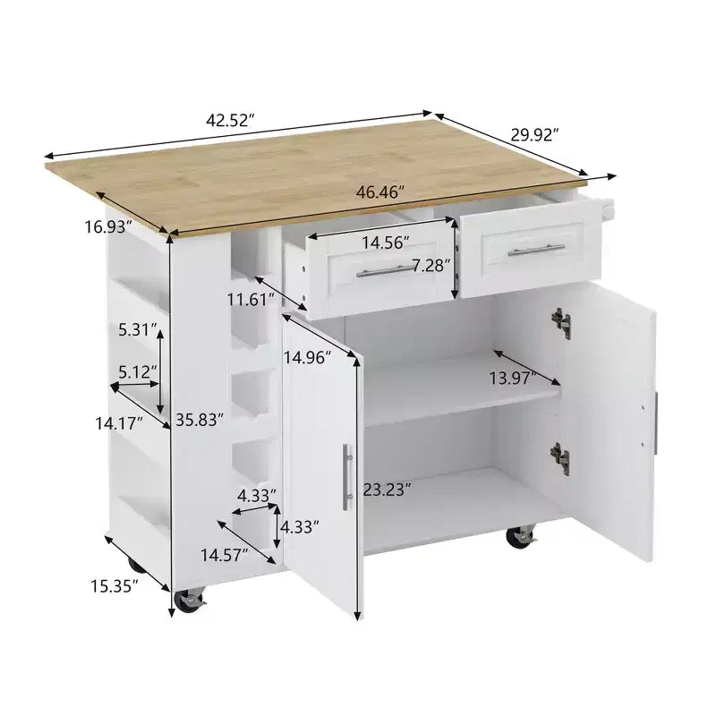 Meuble îlot de cuisine multifonctionnel avec armoire à 2 portes et 2 tiroirs, chariot de cuisine avec porte-épices, porte-serviettes et plateau en bois pliable, blanc
