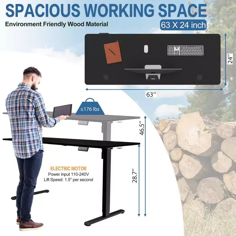 Bureau Debout à Hauteur Réglable de 63'', Bureaux Informatiques avec Préréglage de Mémoire, Plateau de Table en Épissure
