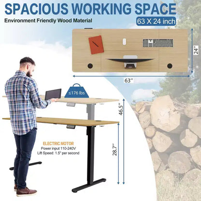 Bureau Debout à Hauteur Réglable de 63'', Bureaux Informatiques avec Préréglage de Mémoire, Plateau de Table en Épissure