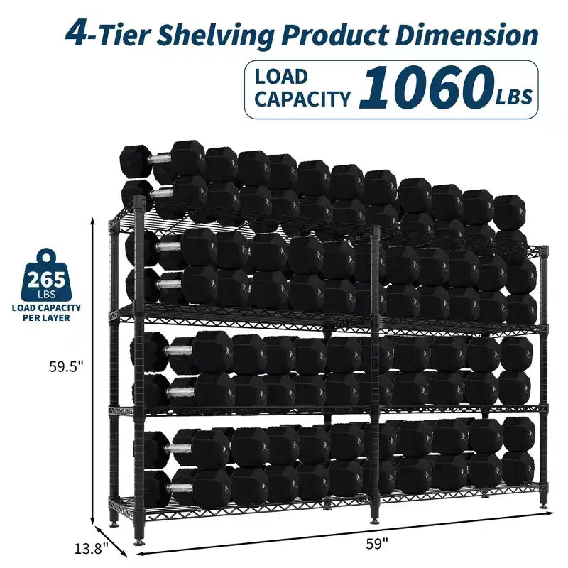 Étagère de rangement métallique robuste à 4 niveaux de 150 cm de large, capacité de 480 kg, rayonnage réglable pour garde-manger, cuisine, garage