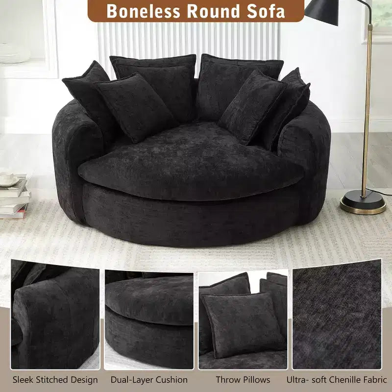 Canapé rond en forme de miche de pain de 152 cm, canapé rond sans structure, canapé-lit entièrement compressé avec 8 coussins.