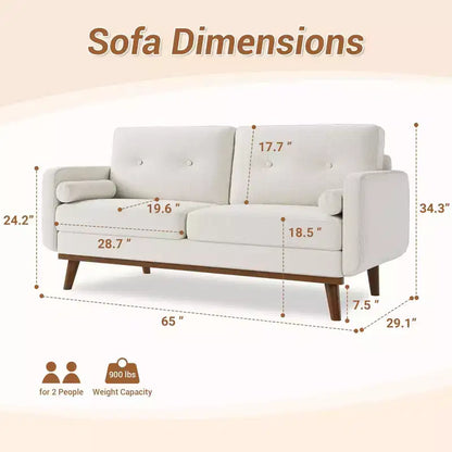 Causeuse moderne du milieu du siècle, canapé 65 po capitonné avec pieds et garnitures en bois, causeuse rembourrée pour salon, chambre et bureau