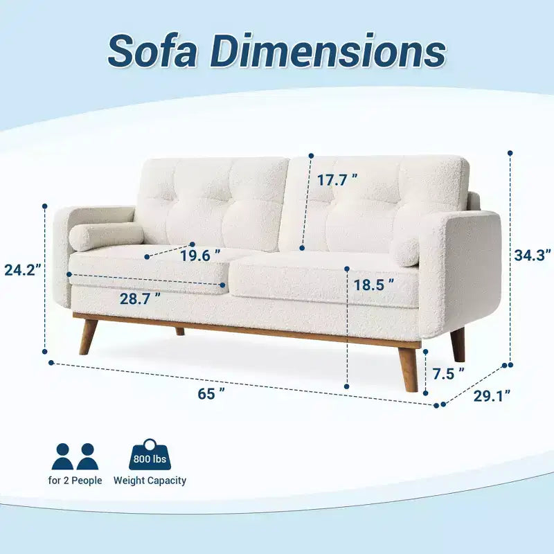 Causeuse moderne du milieu du siècle, canapé 65 po capitonné avec pieds et garnitures en bois, causeuse rembourrée pour salon, chambre et bureau