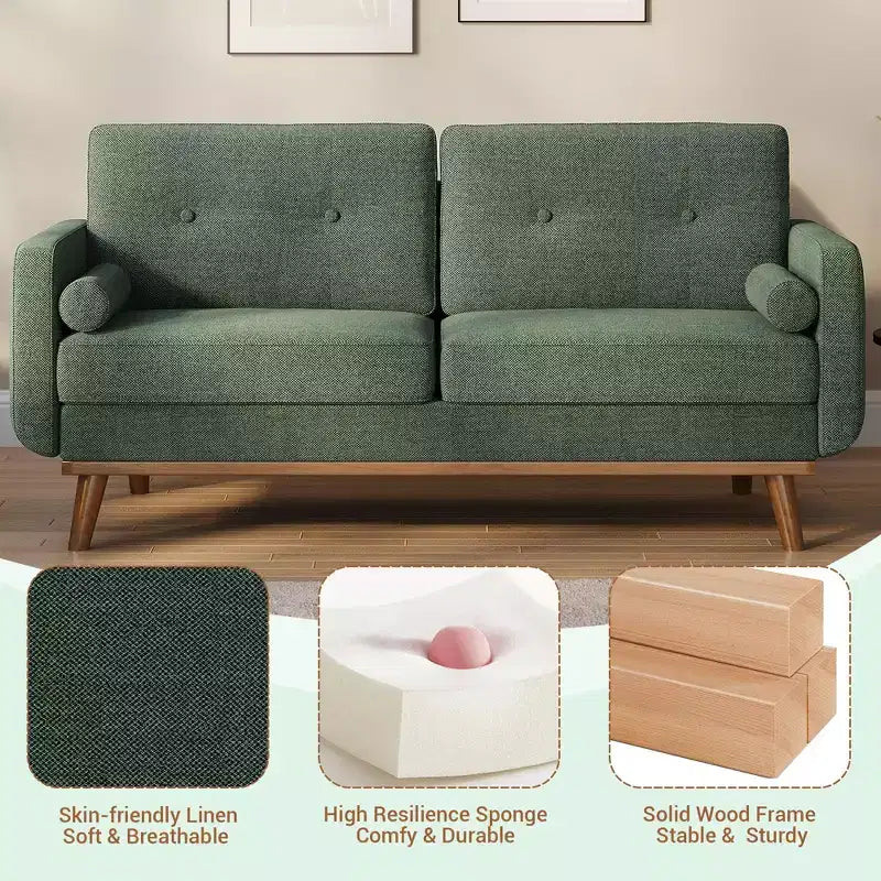 Causeuse moderne du milieu du siècle, canapé 65 po capitonné avec pieds et garnitures en bois, causeuse rembourrée pour salon, chambre et bureau