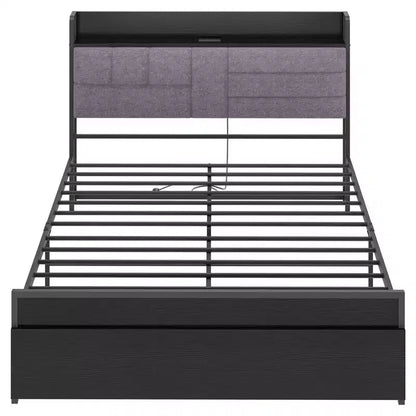 COZONY Grey Upholstered Bed Frame with Storage, Charging Station Black Frame No Box Spring Needed