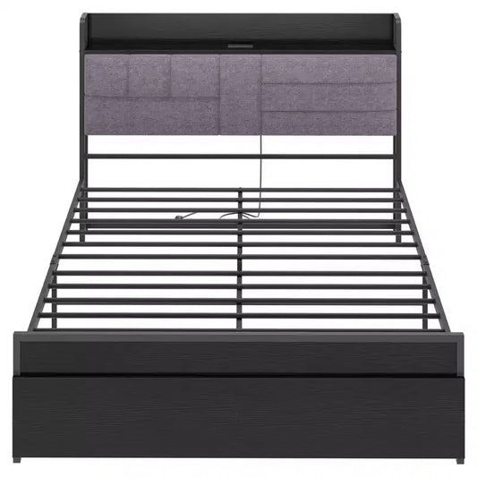 COZONY Grey Upholstered Bed Frame with Storage, Charging Station Black Frame No Box Spring Needed