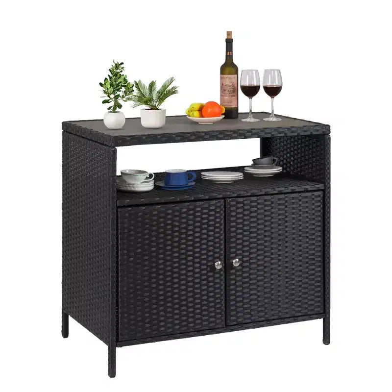 Meuble de rangement en osier, table de rangement d'extérieur en résine tout temps avec portes magnétiques et grand plateau, parfait pour la terrasse, le jardin, la cuisine.