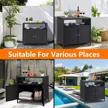 Meuble de rangement en osier, table de rangement d'extérieur en résine tout temps avec portes magnétiques et grand plateau, parfait pour la terrasse, le jardin, la cuisine.