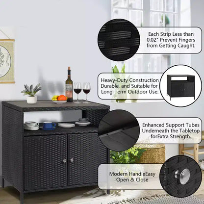 Meuble de rangement en osier, table de rangement d'extérieur en résine tout temps avec portes magnétiques et grand plateau, parfait pour la terrasse, le jardin, la cuisine.