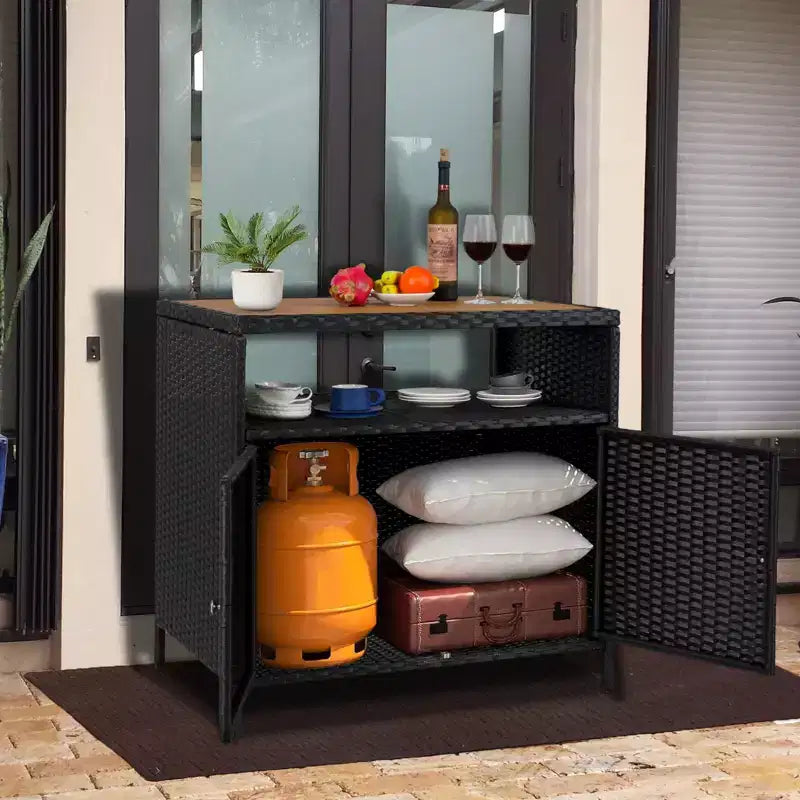 Meuble de rangement en osier, table de rangement d'extérieur en résine tout temps avec portes magnétiques et grand plateau, parfait pour la terrasse, le jardin, la cuisine.