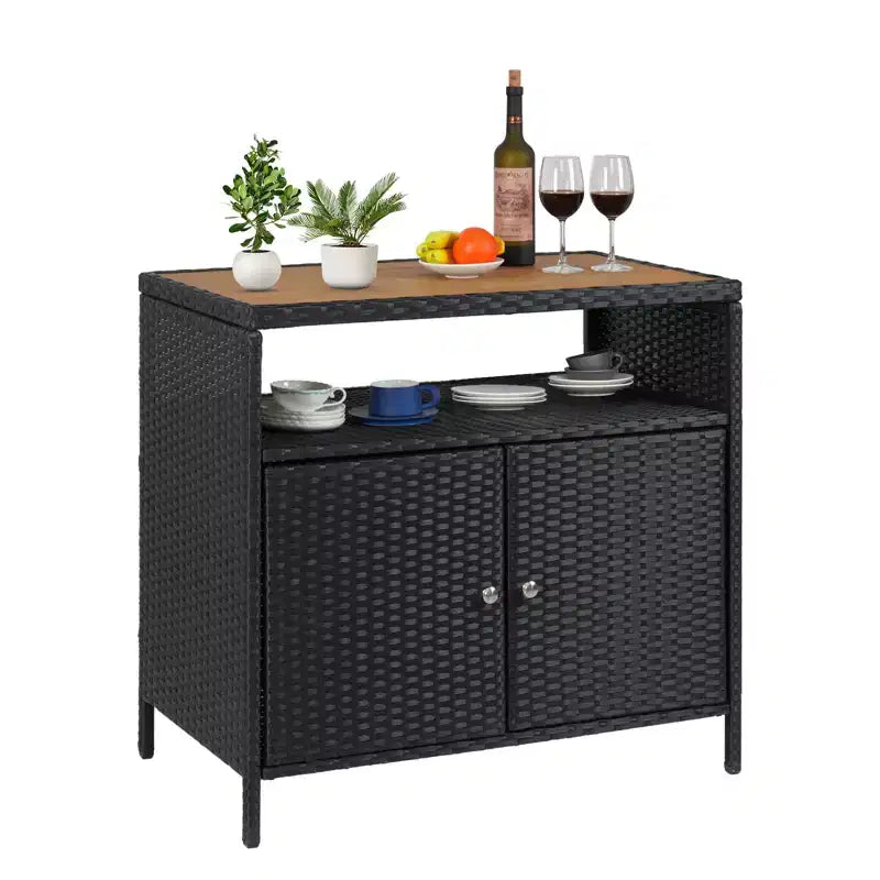 Meuble de rangement en osier, table de rangement d'extérieur en résine tout temps avec portes magnétiques et grand plateau, parfait pour la terrasse, le jardin, la cuisine.