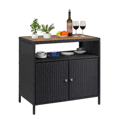 Meuble de rangement en osier, table de rangement d'extérieur en résine tout temps avec portes magnétiques et grand plateau, parfait pour la terrasse, le jardin, la cuisine.