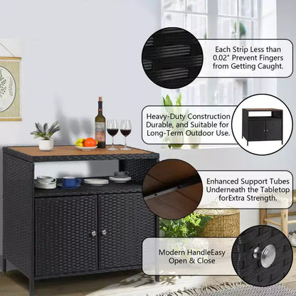 Meuble de rangement en osier, table de rangement d'extérieur en résine tout temps avec portes magnétiques et grand plateau, parfait pour la terrasse, le jardin, la cuisine.