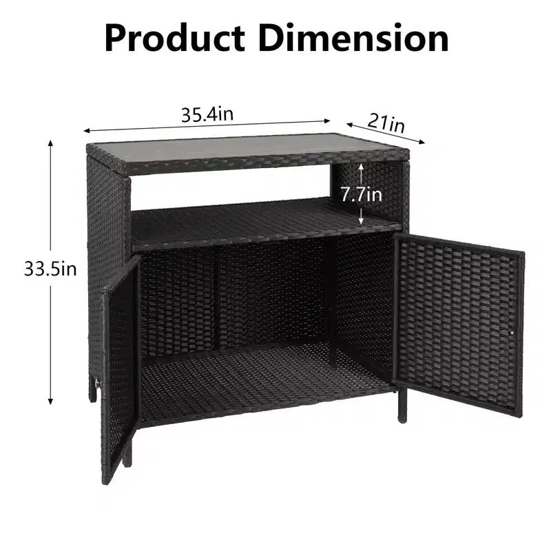 Meuble de rangement en osier, table de rangement d'extérieur en résine tout temps avec portes magnétiques et grand plateau, parfait pour la terrasse, le jardin, la cuisine.