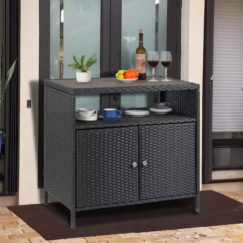 Meuble de rangement en osier, table de rangement d'extérieur en résine tout temps avec portes magnétiques et grand plateau, parfait pour la terrasse, le jardin, la cuisine.