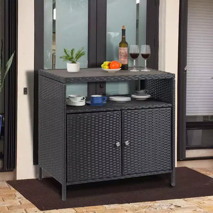 Meuble de rangement en osier, table de rangement d'extérieur en résine tout temps avec portes magnétiques et grand plateau, parfait pour la terrasse, le jardin, la cuisine.