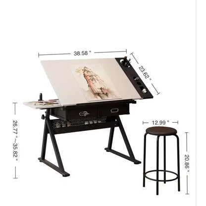 Table de dessin réglable en bois avec 2 tiroirs et étagère, bureau de dessin pour adultes/adolescents