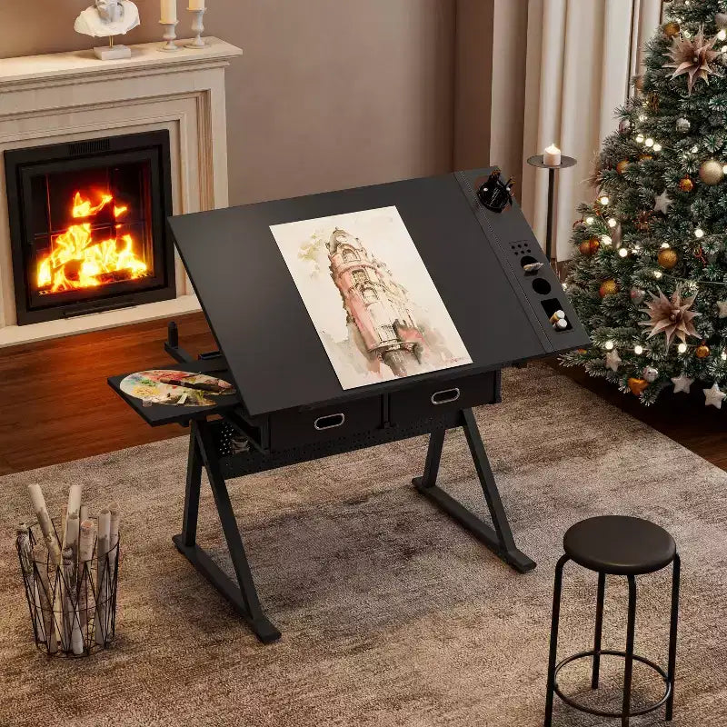 Table de dessin réglable en bois avec 2 tiroirs et étagère, bureau de dessin pour adultes/adolescents