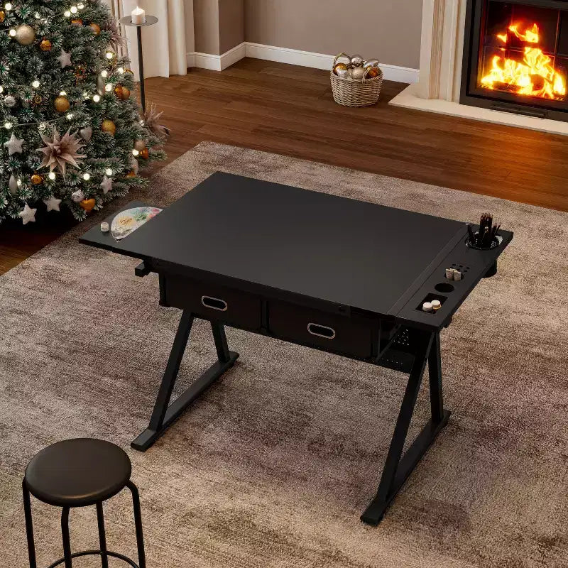 Table de dessin réglable en bois avec 2 tiroirs et étagère, bureau de dessin pour adultes/adolescents