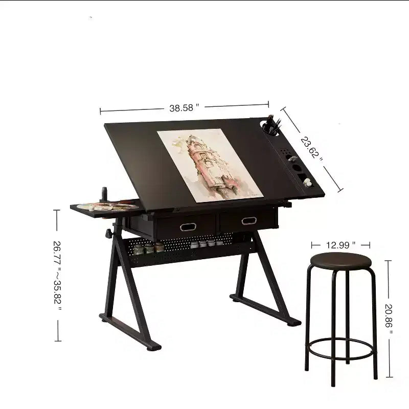 Table de dessin réglable en bois avec 2 tiroirs et étagère, bureau de dessin pour adultes/adolescents