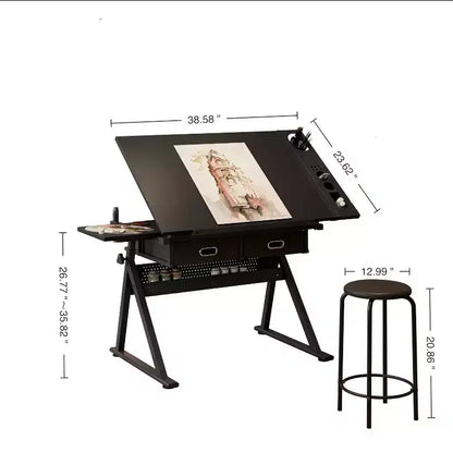 Table de dessin réglable en bois avec 2 tiroirs et étagère, bureau de dessin pour adultes/adolescents