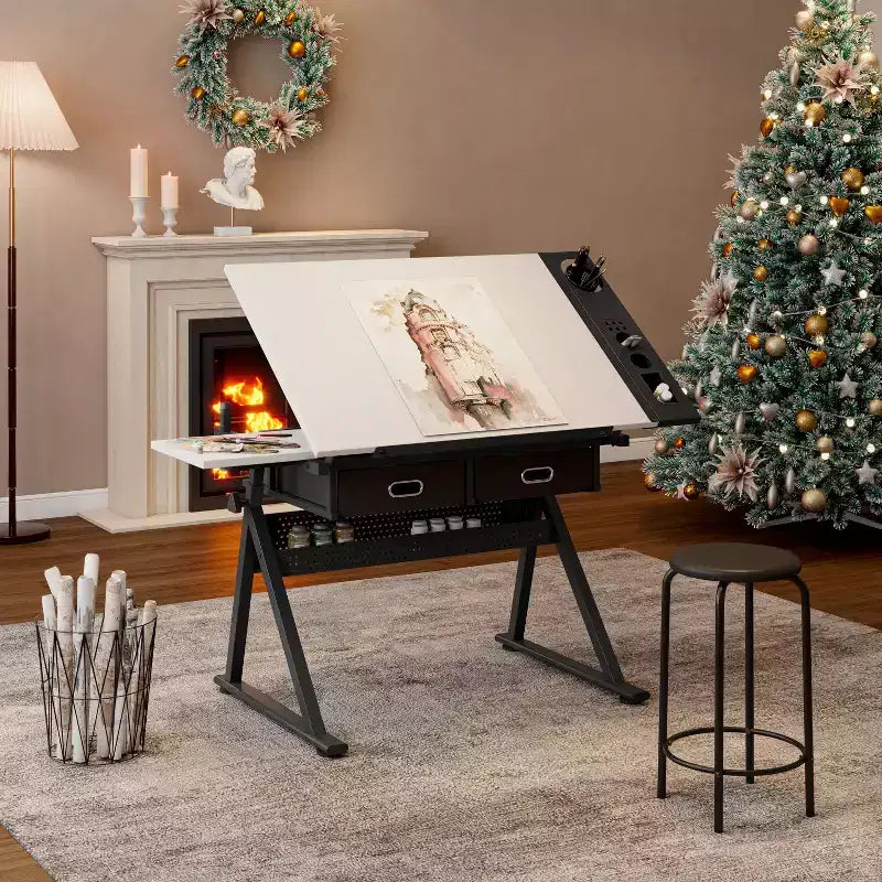 Table de dessin réglable en bois avec 2 tiroirs et étagère, bureau de dessin pour adultes/adolescents