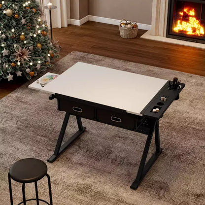 Table de dessin réglable en bois avec 2 tiroirs et étagère, bureau de dessin pour adultes/adolescents