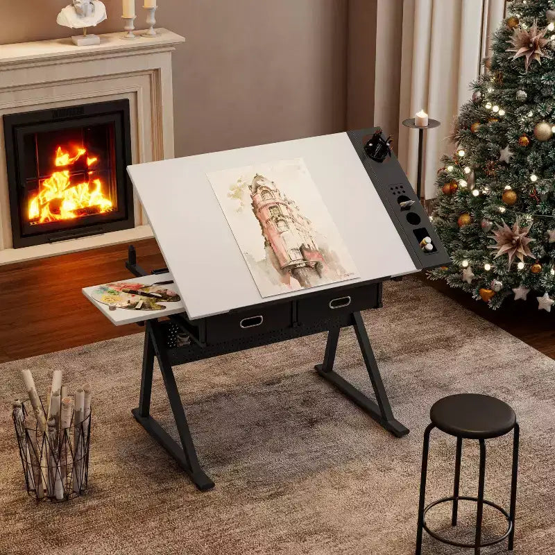 Table de dessin réglable en bois avec 2 tiroirs et étagère, bureau de dessin pour adultes/adolescents