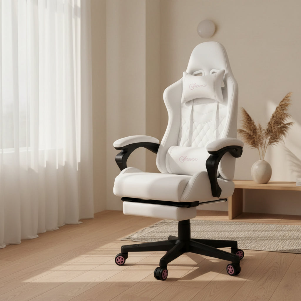 High Back PU Leather Gaming Chair, Racing Computer Chair with Swivel Wheels, Retractable Footrest, Headrest, Lumbar Support, and Armrest