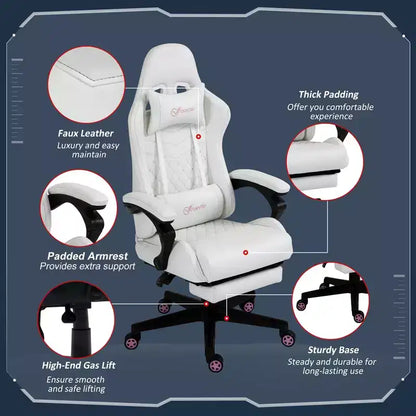 Chaise de jeu en cuir PU à dossier haut, Chaise d'ordinateur de course avec roulettes pivotantes, repose-pieds rétractable, appui-tête, support lombaire et accoudoirs