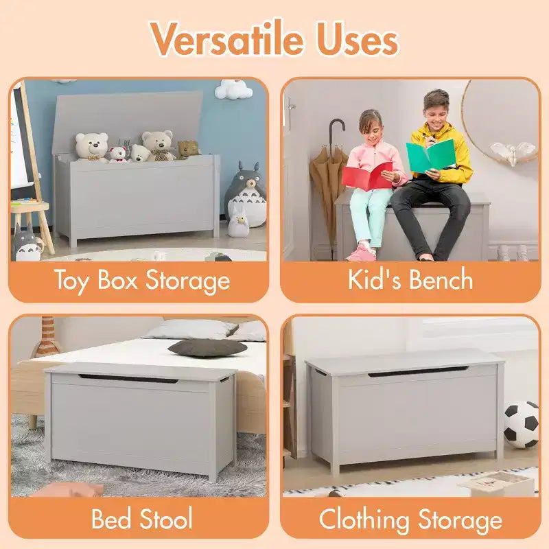 Boîte de rangement à jouets en bois de style moderne pour enfants, avec couvercle à charnière de sécurité, convient aux enfants de 2 ans et plus (Gris)