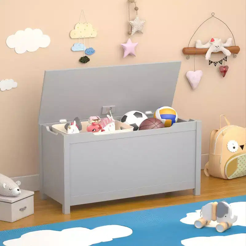Boîte de rangement à jouets en bois de style moderne pour enfants, avec couvercle à charnière de sécurité, convient aux enfants de 2 ans et plus (Gris)