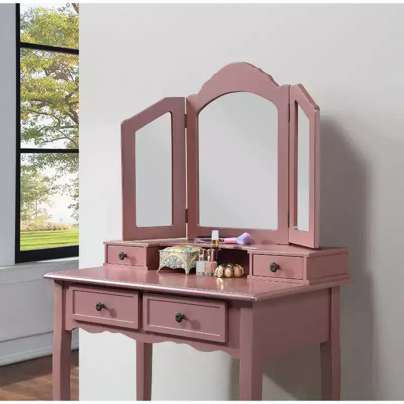 Coiffeuse Vintage en Bois avec Tabouret et Miroir 3 Panneaux, Coiffeuse Maquillage avec 4 Tiroirs et Étagère, Coiffeuse Compacte pour Chambre, Salon