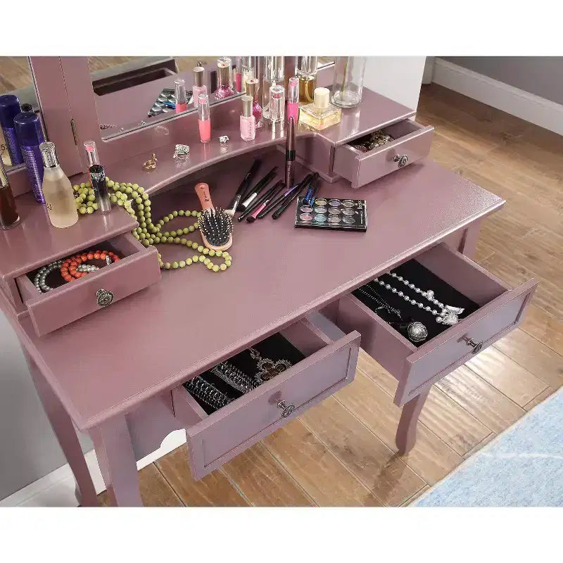 Coiffeuse Vintage en Bois avec Tabouret et Miroir 3 Panneaux, Coiffeuse Maquillage avec 4 Tiroirs et Étagère, Coiffeuse Compacte pour Chambre, Salon