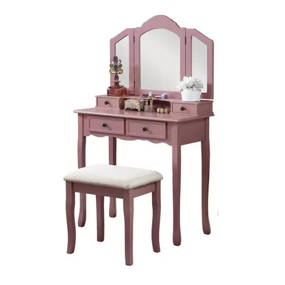Coiffeuse Vintage en Bois avec Tabouret et Miroir 3 Panneaux, Coiffeuse Maquillage avec 4 Tiroirs et Étagère, Coiffeuse Compacte pour Chambre, Salon