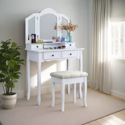 Coiffeuse Vintage en Bois avec Tabouret et Miroir 3 Panneaux, Coiffeuse Maquillage avec 4 Tiroirs et Étagère, Coiffeuse Compacte pour Chambre, Salon