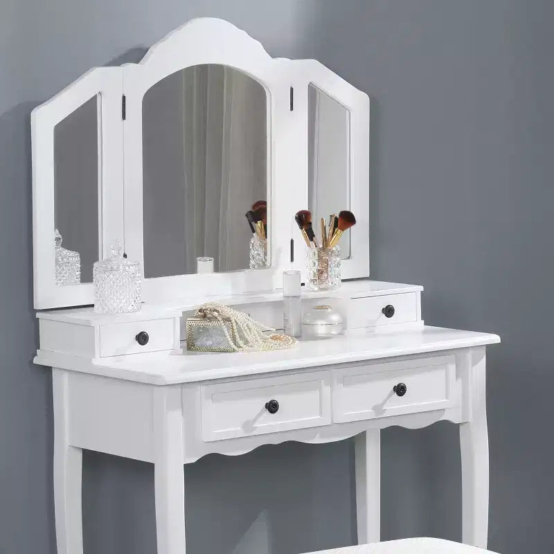Coiffeuse Vintage en Bois avec Tabouret et Miroir 3 Panneaux, Coiffeuse Maquillage avec 4 Tiroirs et Étagère, Coiffeuse Compacte pour Chambre, Salon